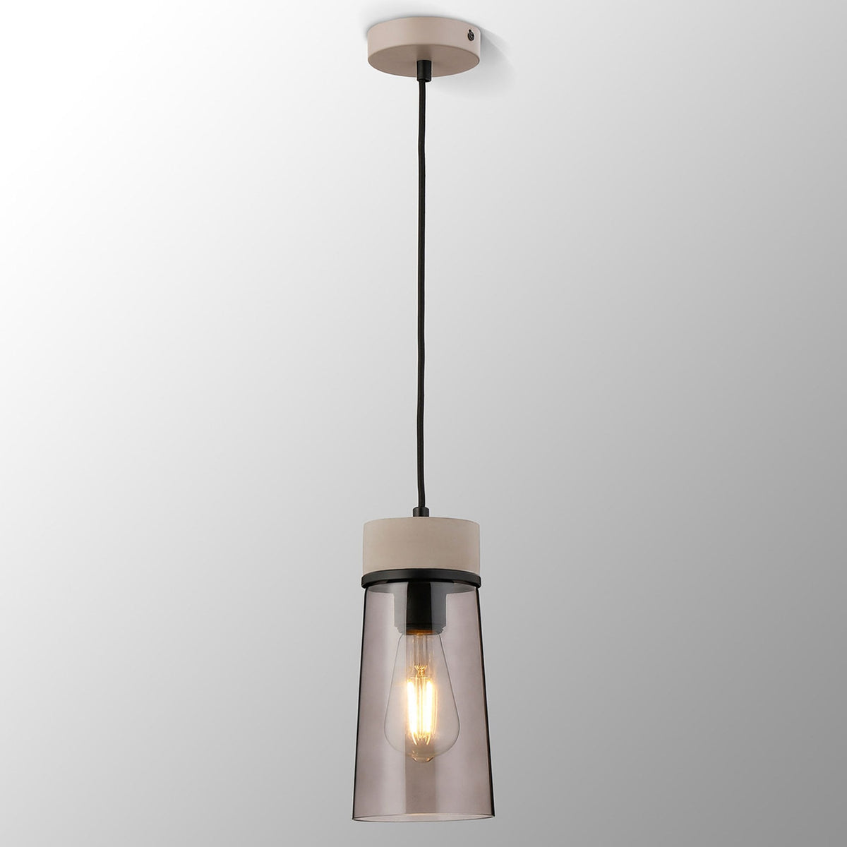 Sector Pendant in Concrete & Small Cylindrical Smoke Cone Glass