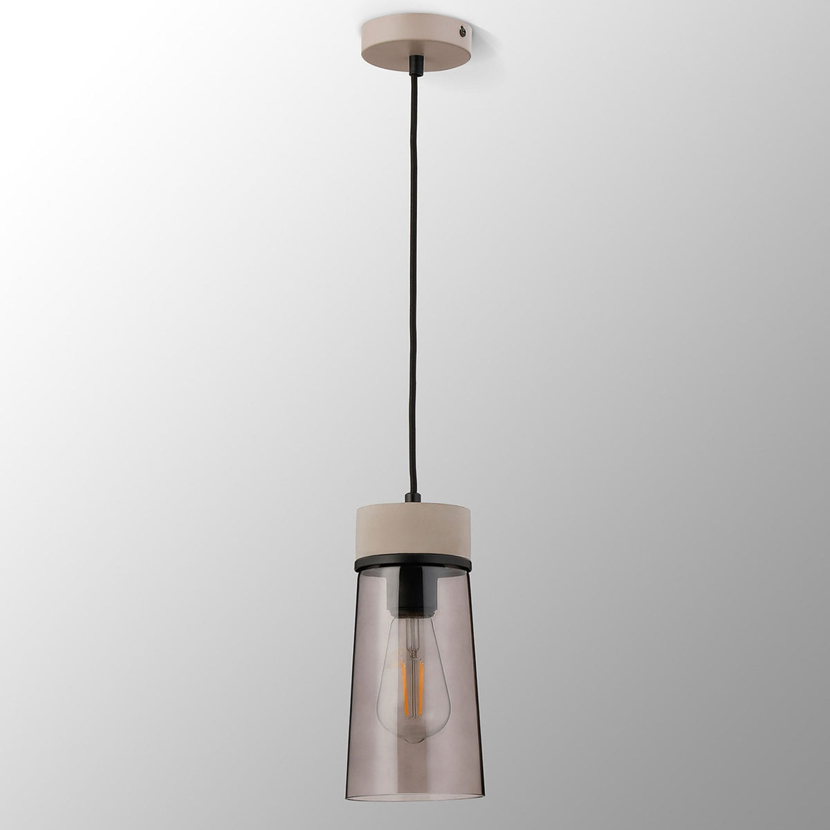 Sector Pendant in Concrete & Small Cylindrical Smoke Cone Glass