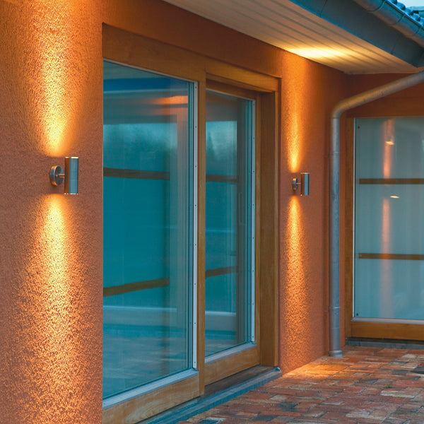 Modena Outdoor IP44 Twin GU10 Wall Light in Brushed Stainless Steel