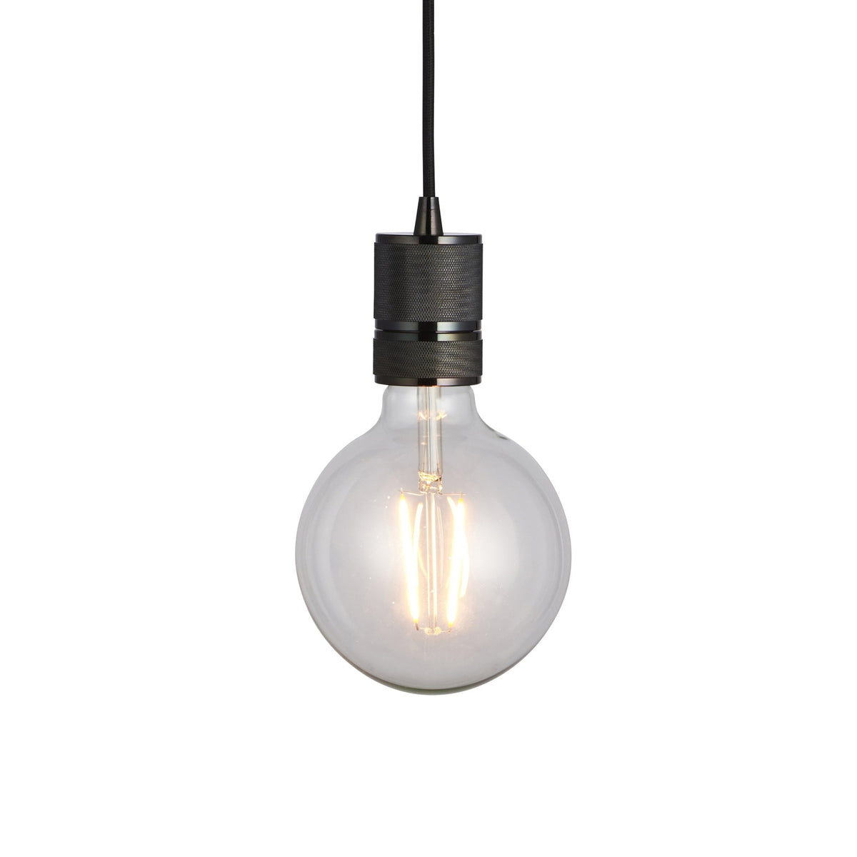 Round clear bulb with visible filaments and a dark grey fixture.