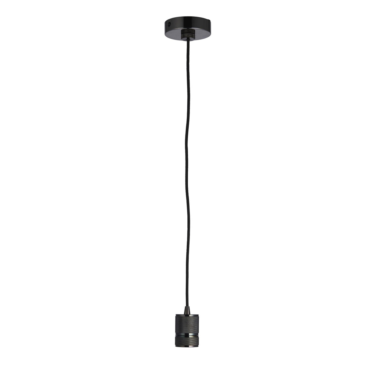 Black pendant light fixture with a dark grey bulb holder.