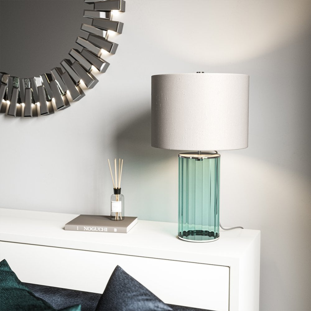 Reno Table Lamp in Green Tint Glass with Polished Nickel Metalwork