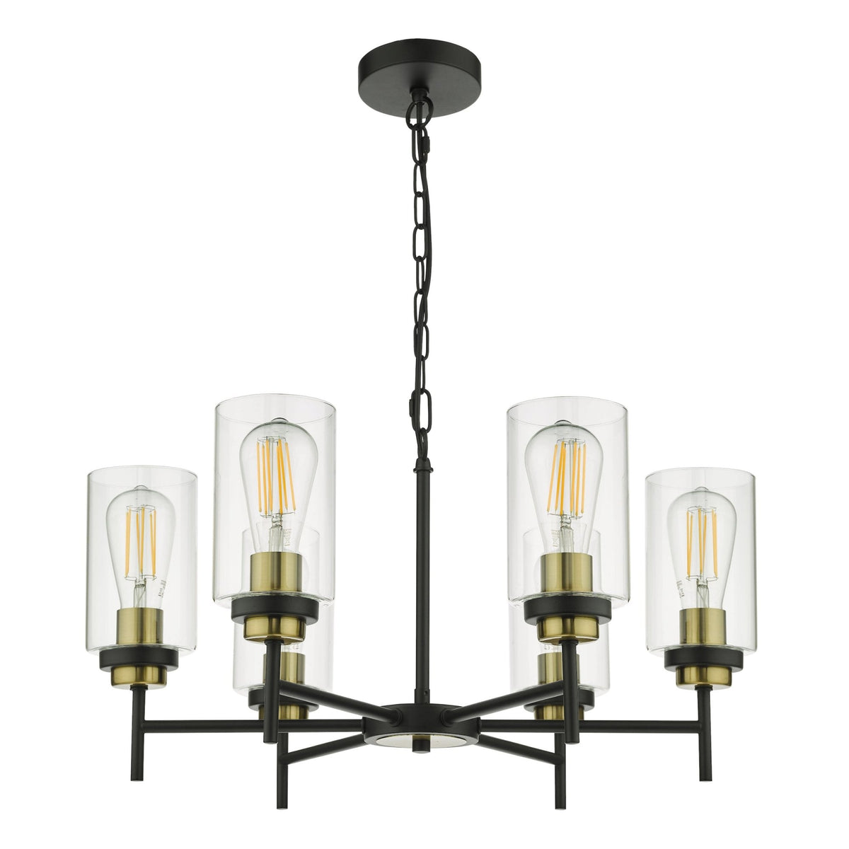 Black chandelier with five clear glass shades and exposed filament bulbs.