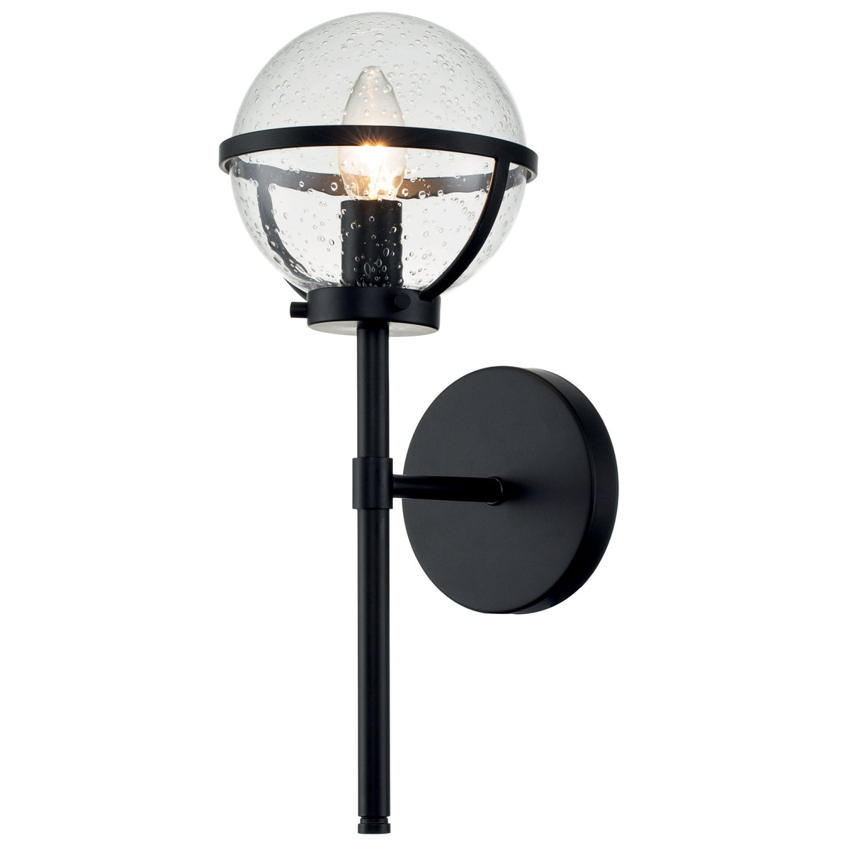 Black wall sconce with a clear seeded glass globe shade and exposed bulb