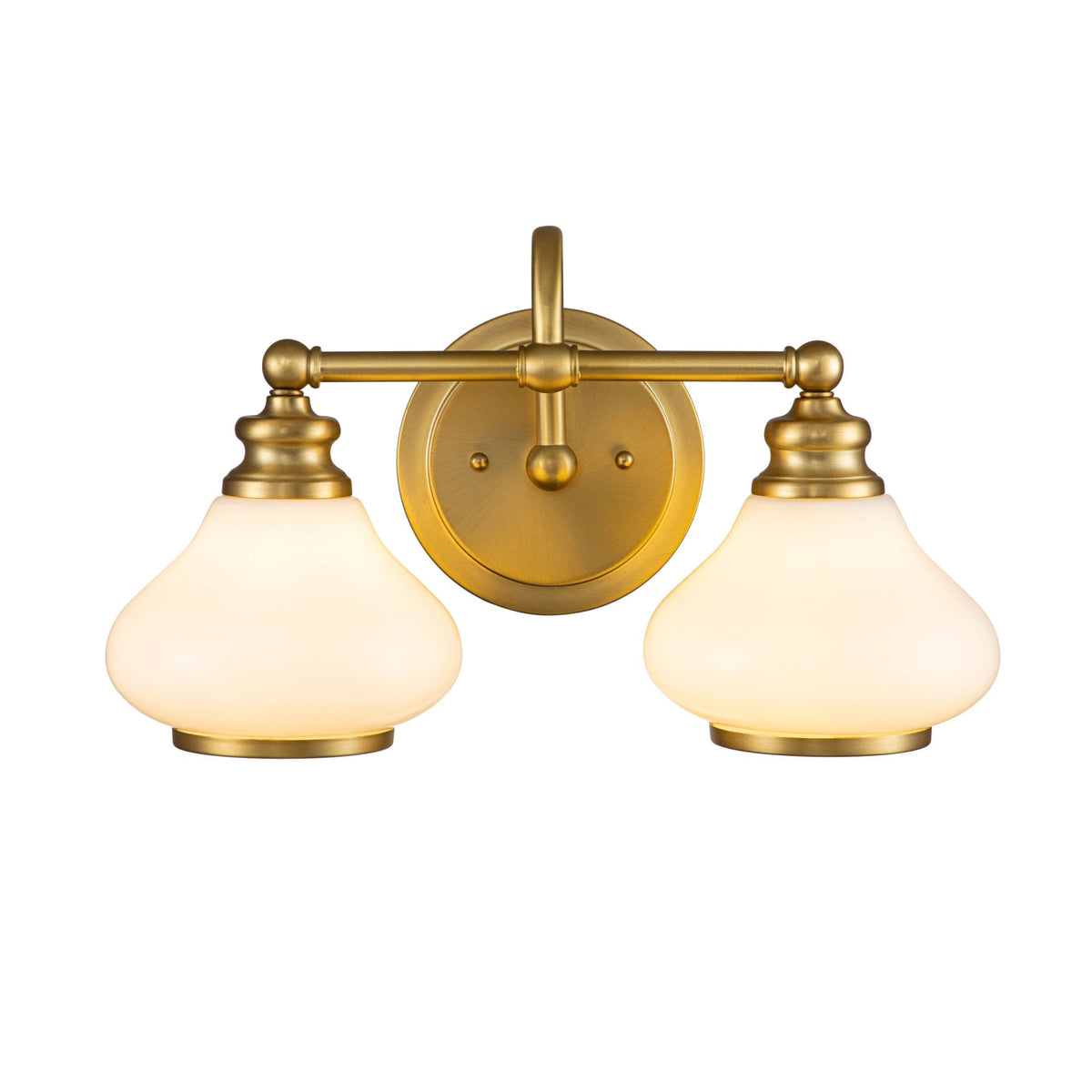 Ainsley IP44 Twin Wall Light in Brushed Brass with Opal Glass
