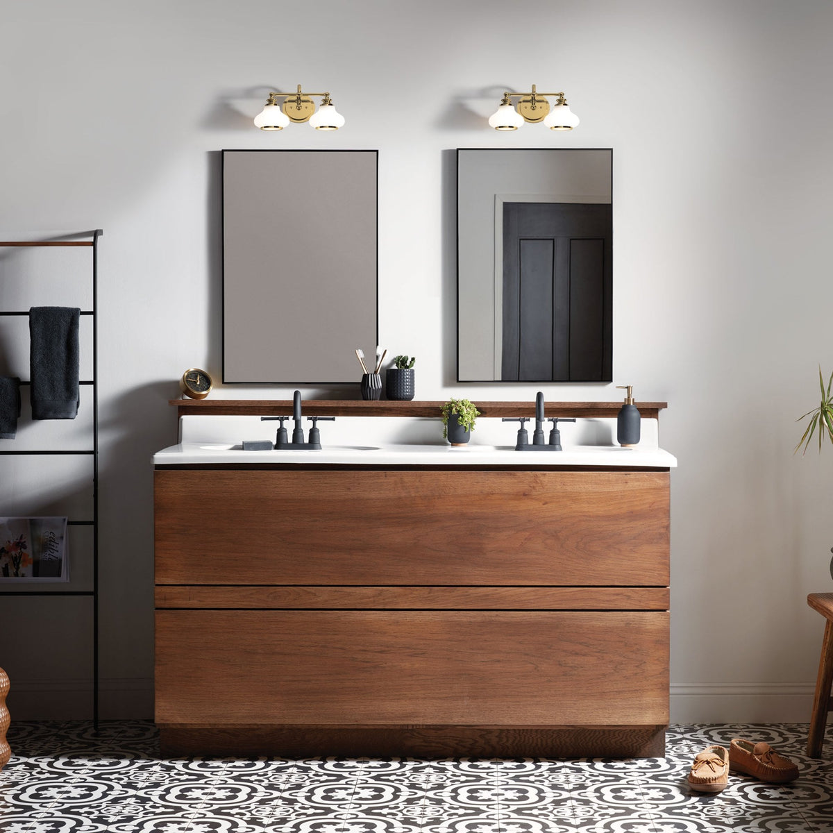 Ainsley IP44 Twin Wall Light in Brushed Brass with Opal Glass