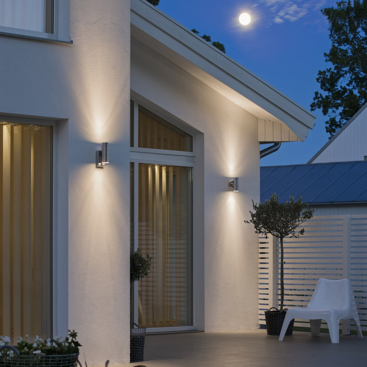 Modena PIR IP44 Outdoor Twin GU10 Wall Light in Brushed Stainless Finish