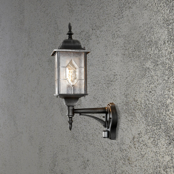 Milano IP43 Outdoor PIR Motion Sensor E27 Upwards Wall Light In Blackened Silver