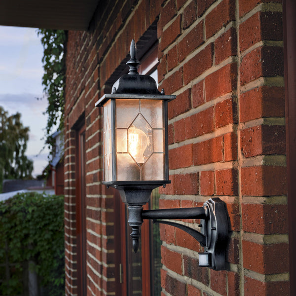 Milano IP43 Outdoor PIR Motion Sensor E27 Upwards Wall Light In Blackened Silver