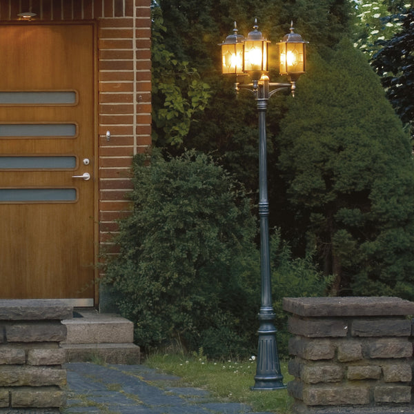 Milano IP43 Outdoor Three Lantern E27 Tall Post Light In Blackened Silver