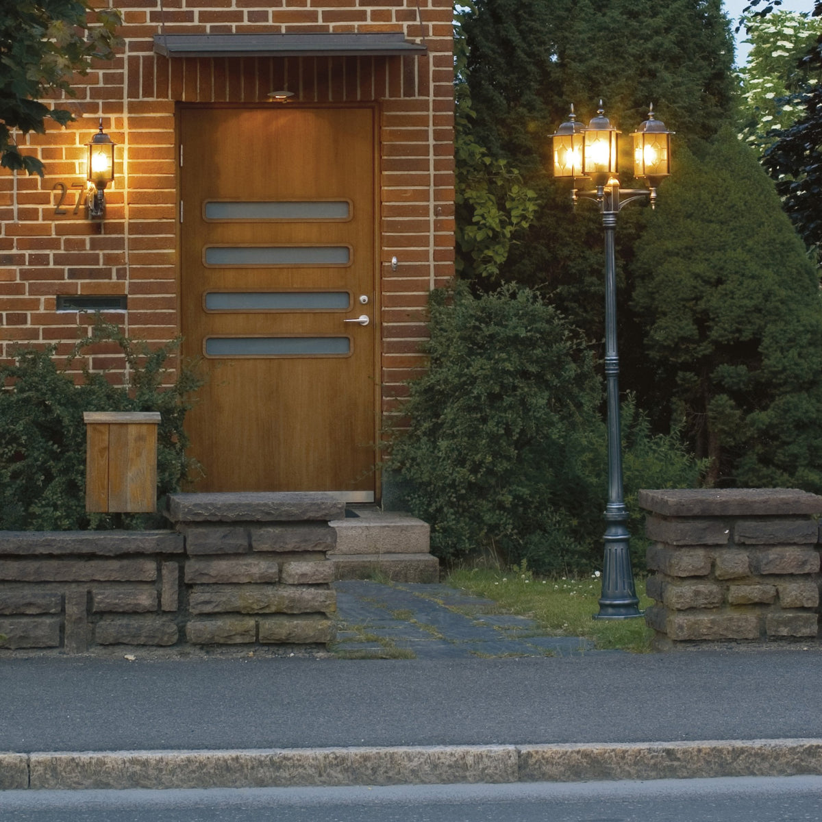 Milano IP43 Outdoor Three Lantern E27 Tall Post Light In Blackened Silver