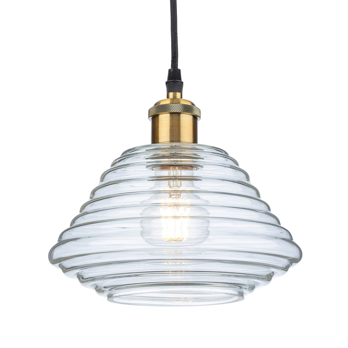 Logan Small Pendant Light in Antique Brass with Clear Ribbed Glass