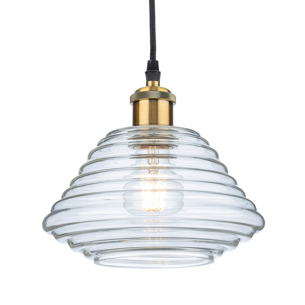 Logan Small Pendant Light in Antique Brass with Clear Ribbed Glass