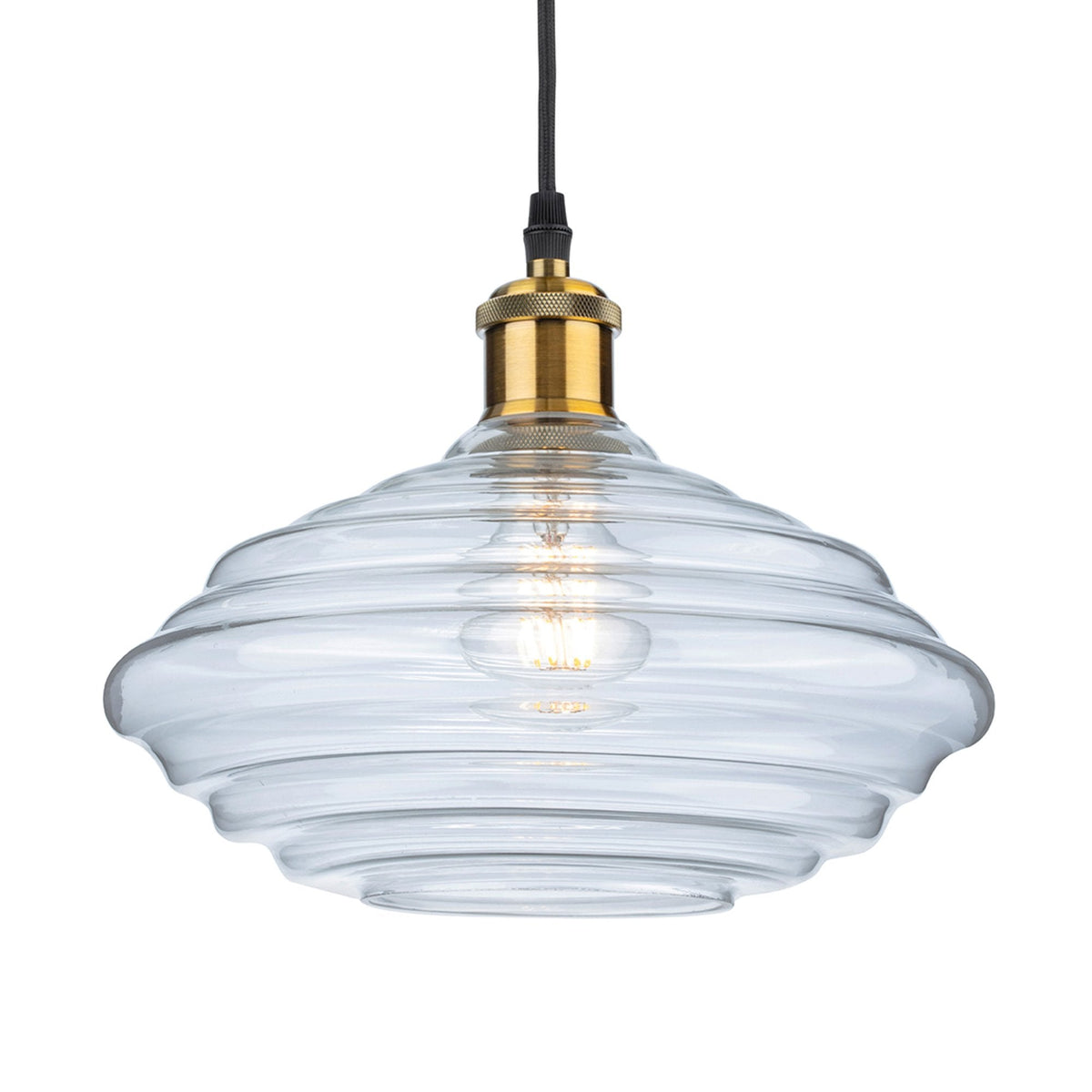 Logan Medium Pendant Light in Antique Brass with Clear Ribbed Glass