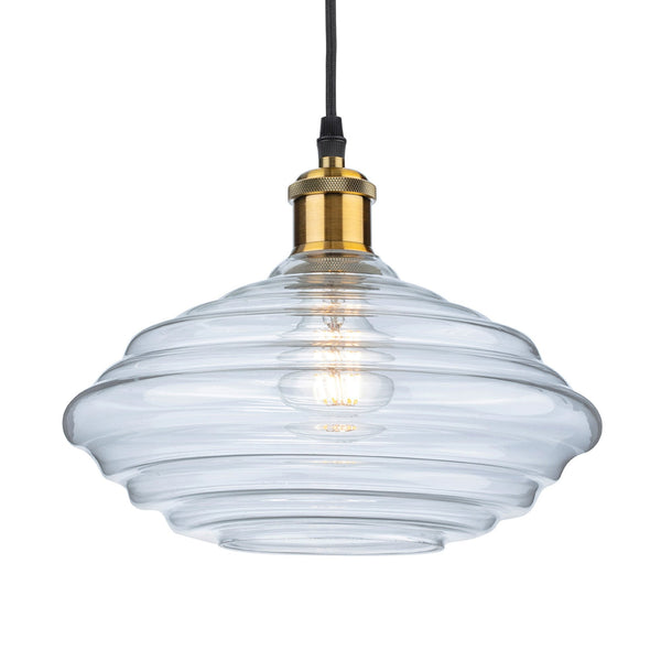 Logan Medium Pendant Light in Antique Brass with Clear Ribbed Glass