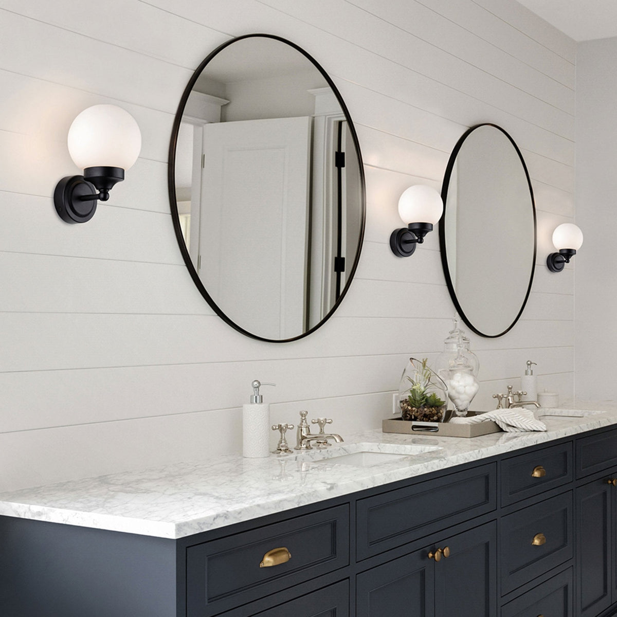 Louis IP44 Bathroom Wall Light in Black with Opal White Glass