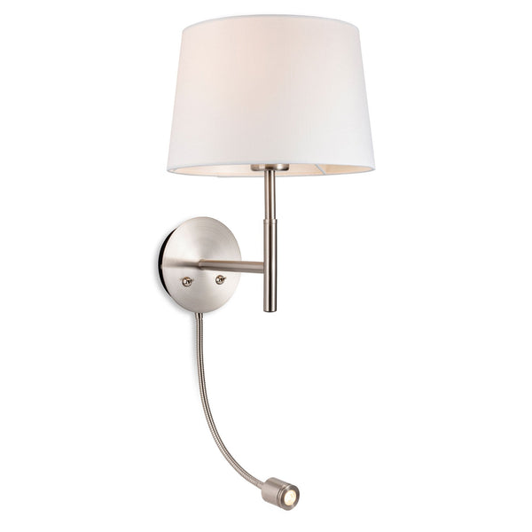 Seymour Switched Wall Light with LED Reader in Brushed Steel with Cream Shade