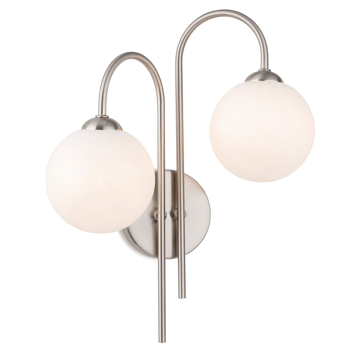 Lyndon Twin Arm Wall Light in Brushed Steel with White Opal Glass