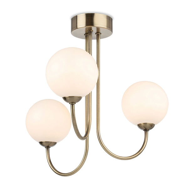 Lyndon Three Arm Ceiling Light in Antique Brass with White Opal Glass