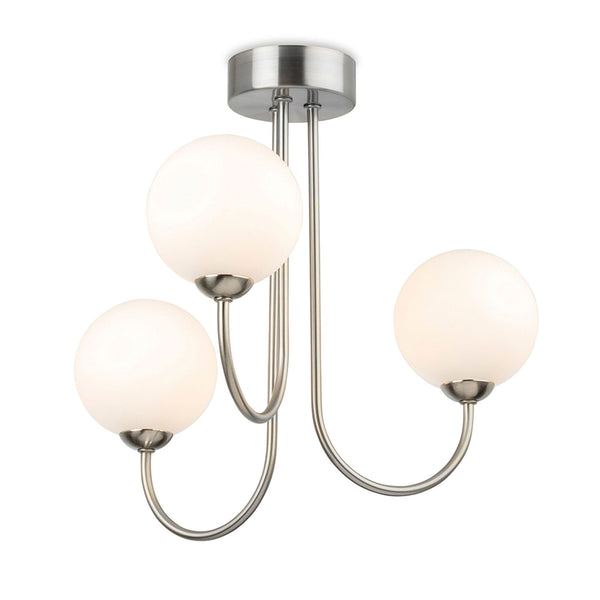 Lyndon Three Arm Ceiling Light in Brushed Steel with White Opal Glass