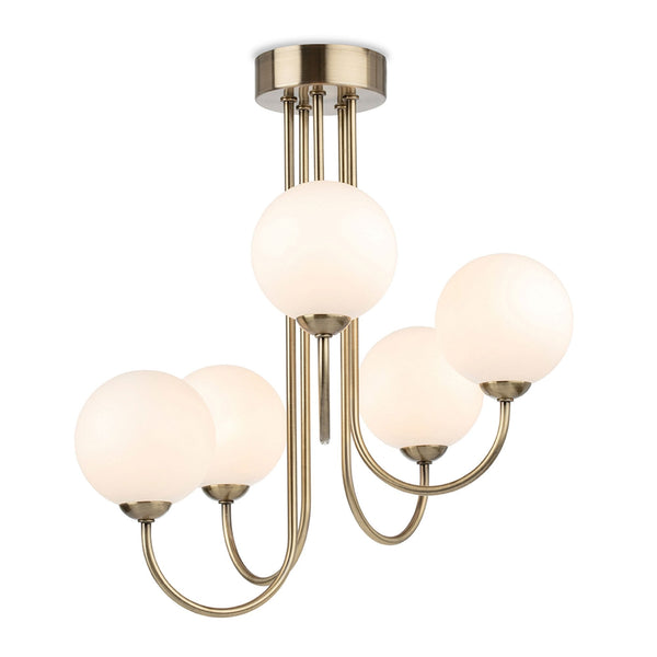 Lyndon Five Arm Ceiling Light in Antique Brass with White Opal Glass