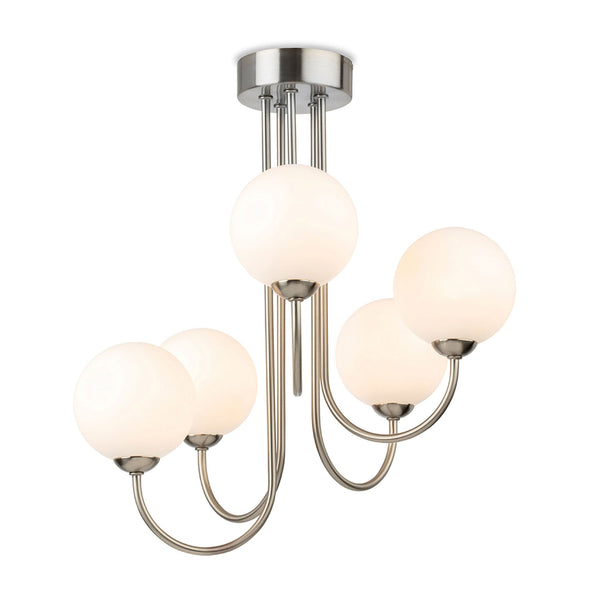 Lyndon Five Arm Ceiling Light in Brushed Steel with White Opal Glass
