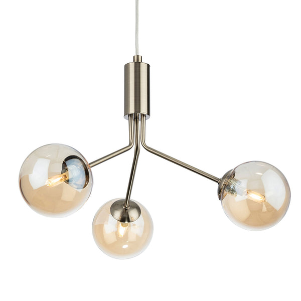 Montana Three Arm Pendant in Antique Brass with Amber Glass