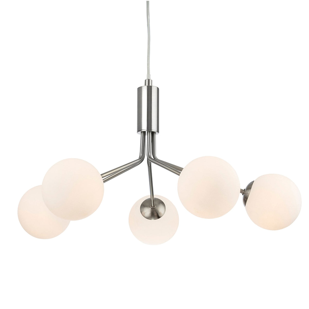 Montana Five Arm Pendant in Brushed Steel with Opal White Glass