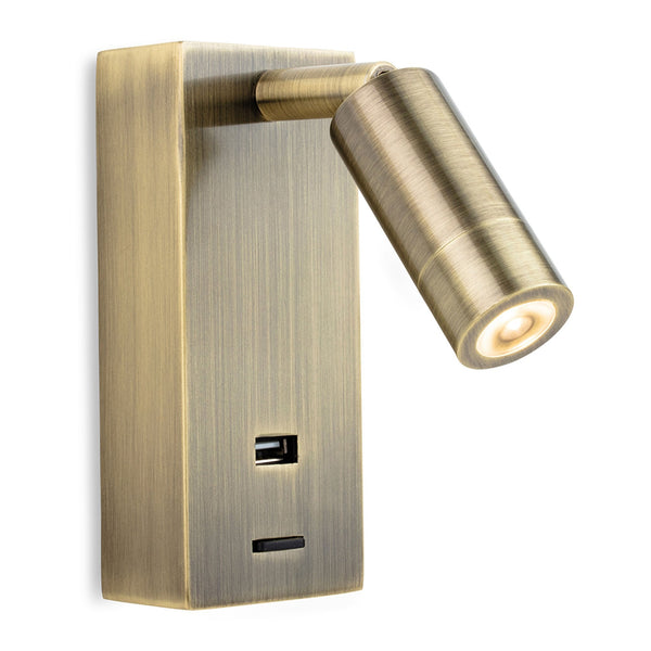 Clifton Switched LED Reader Light with USB Port in Antique Brass