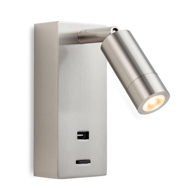Clifton Switched LED Reader Light with USB Port in Brushed Steel