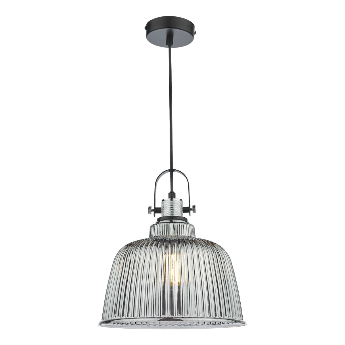 A black and chrome pendant light with a ribbed, clear glass dome shade.