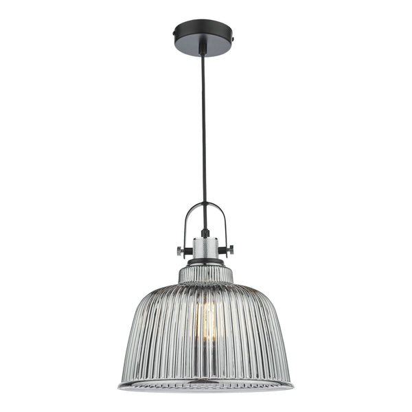 Rhode Large Single Pendant In Polished Chrome With Smoked Ribbed Glass