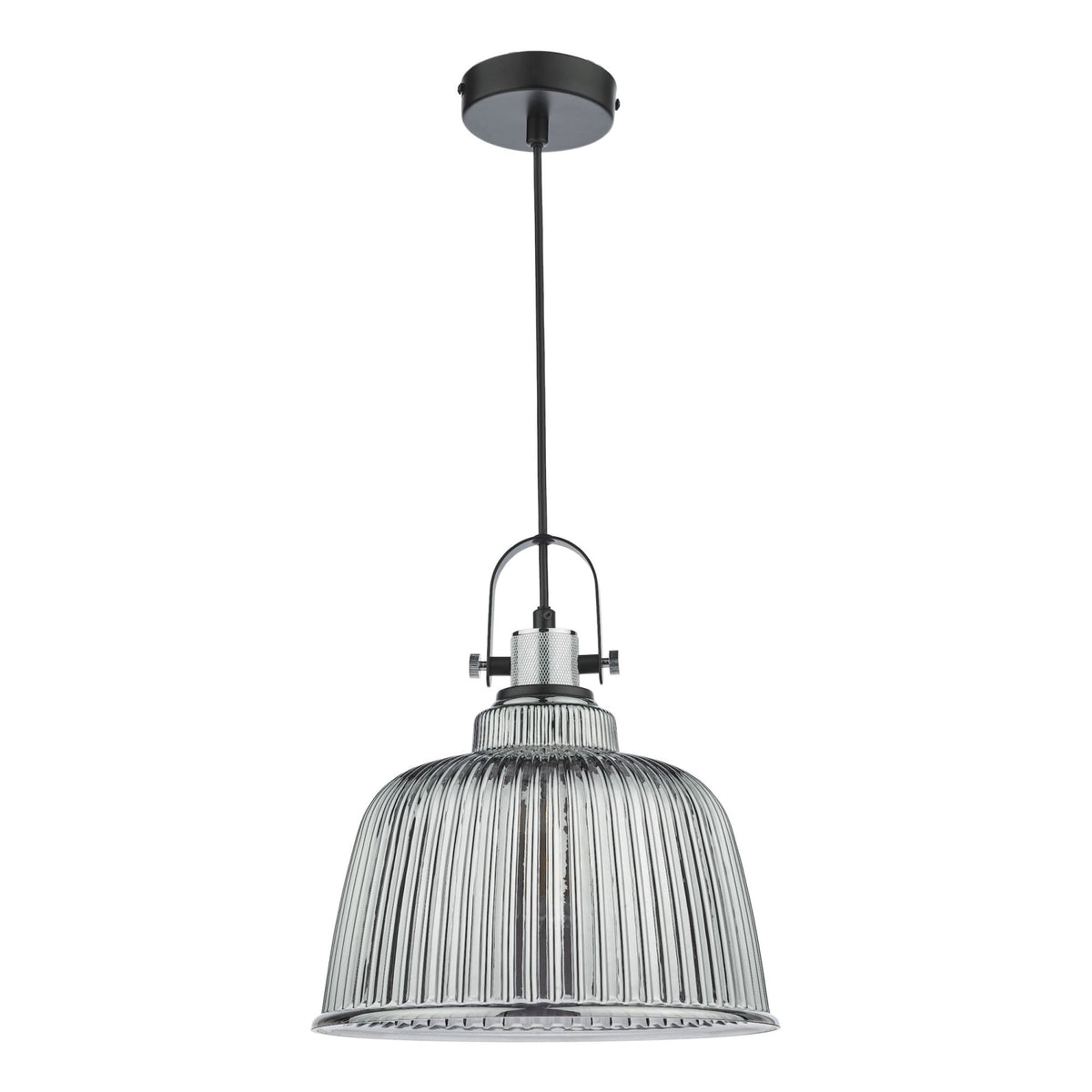 Ribbed glass pendant light with a black cord and ceiling plate.