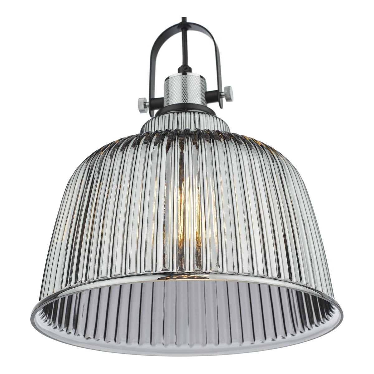 A close-up of a pendant light with a ribbed, clear glass shade and a black metal fixture.