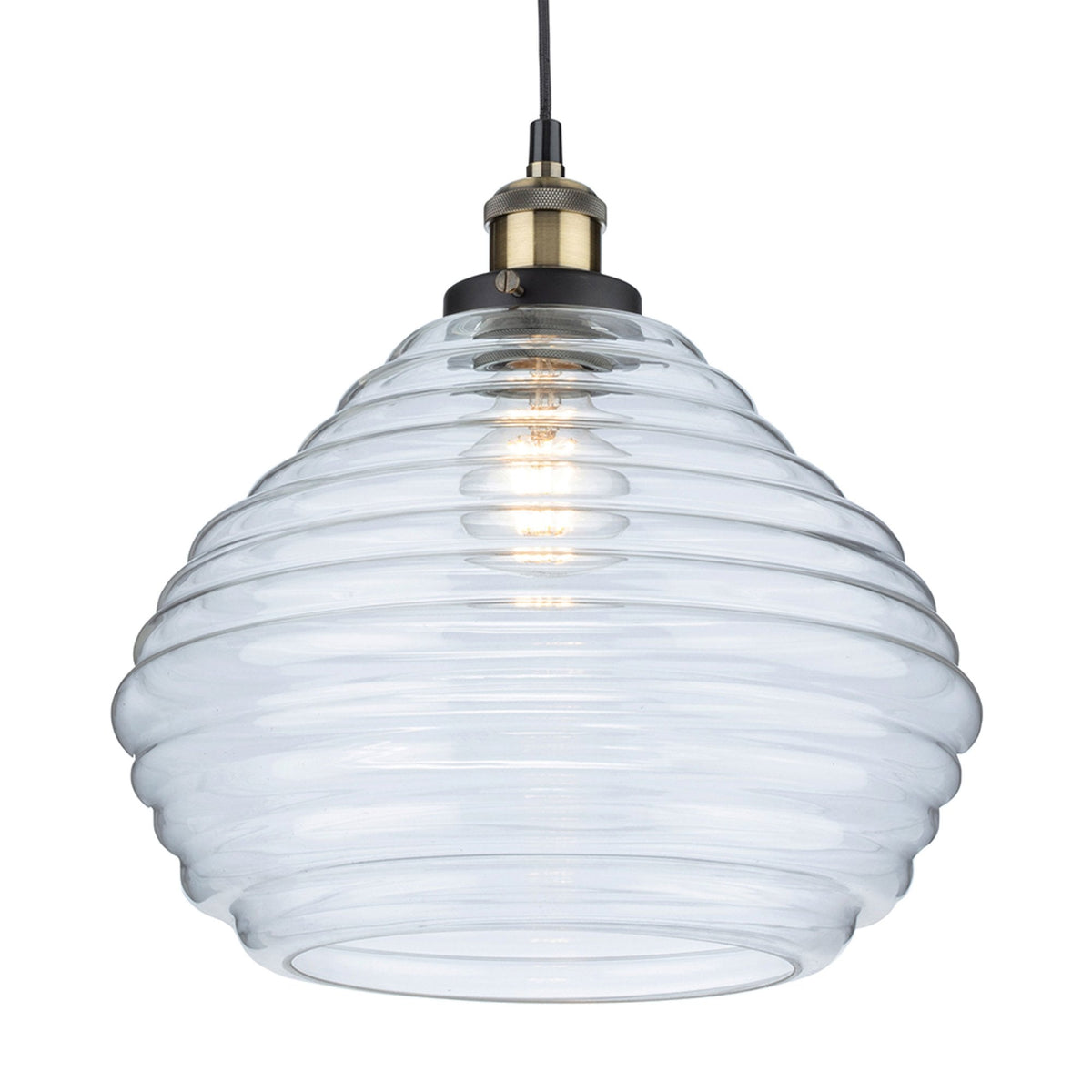 Orla Pendant Light in Antique Brass with Clear Ribbed Glass
