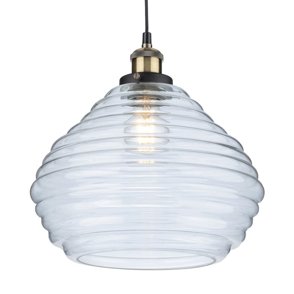 Orla Pendant Light in Antique Brass with Clear Ribbed Glass