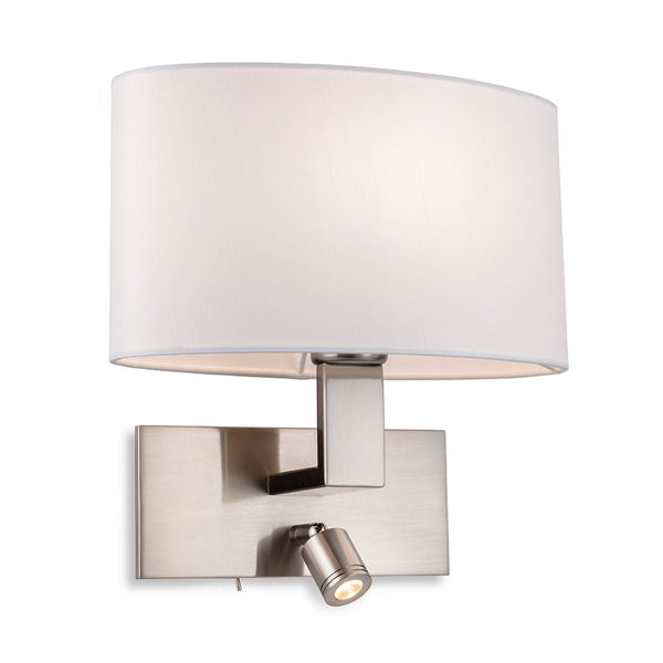 Webster Wall Light with LED Reader in Brushed Steel with Oval Cream Shade