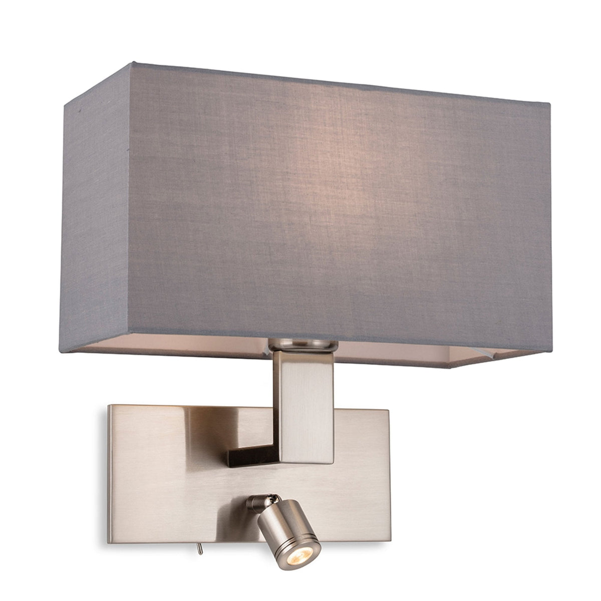 Raffles Wall Light with LED Reader in Brushed Steel with Rectangular Grey Shade