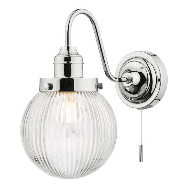 Tamara IP44 Switched Wall Light In Polished Chrome With Ribbed Glass Shade