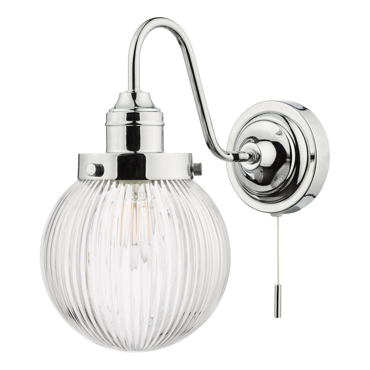 Tamara IP44 Switched Wall Light In Polished Chrome With Ribbed Glass Shade