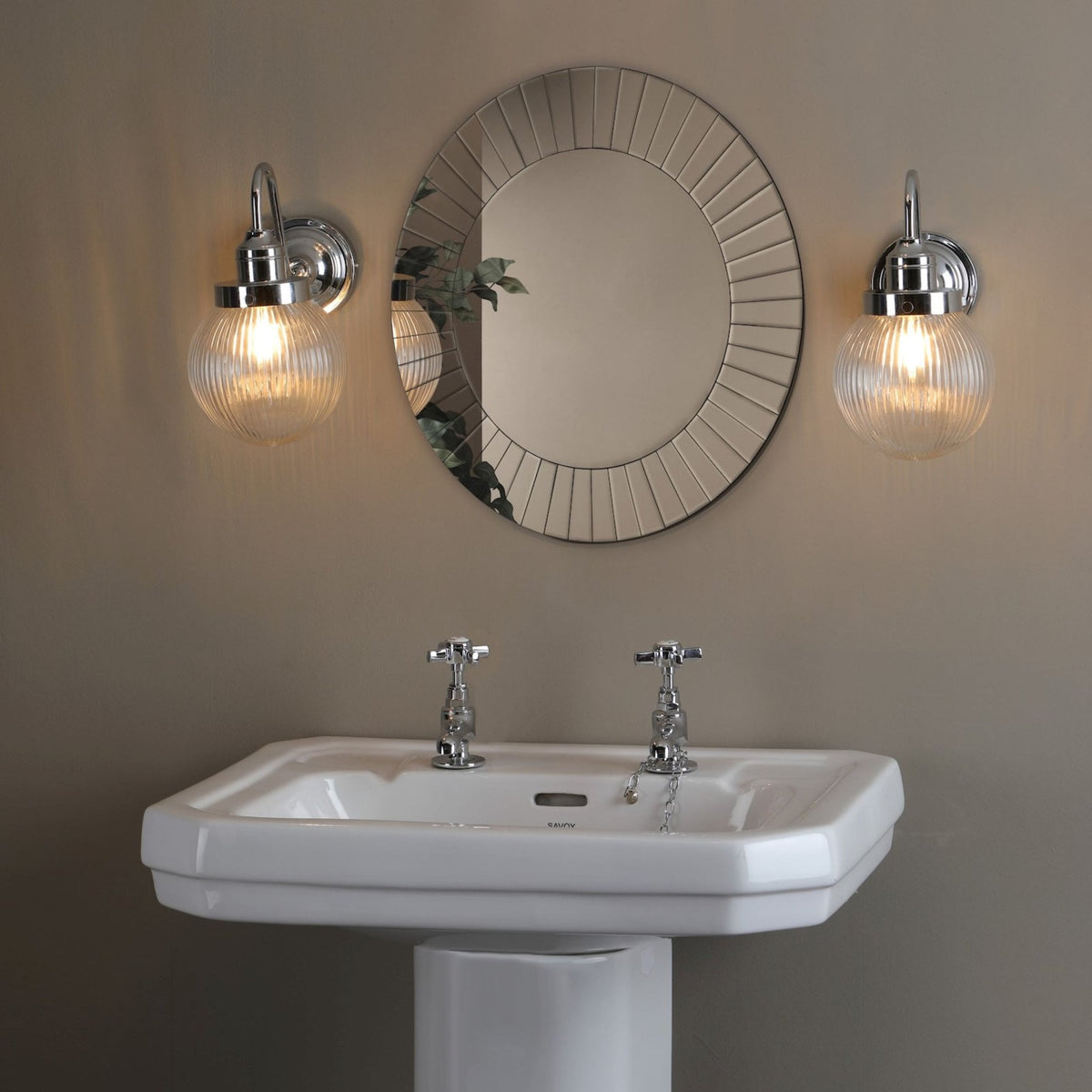 Tamara IP44 Switched Wall Light In Polished Chrome With Ribbed Glass Shade