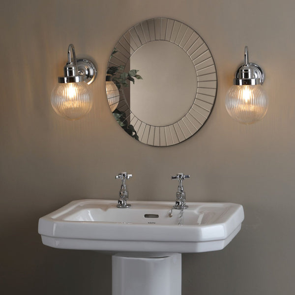 Tamara IP44 Switched Wall Light In Polished Chrome With Ribbed Glass Shade