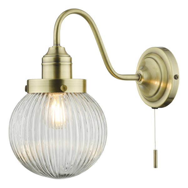 Tamara Switched Wall Light In Antique Brass With Ribbed Glass Shade