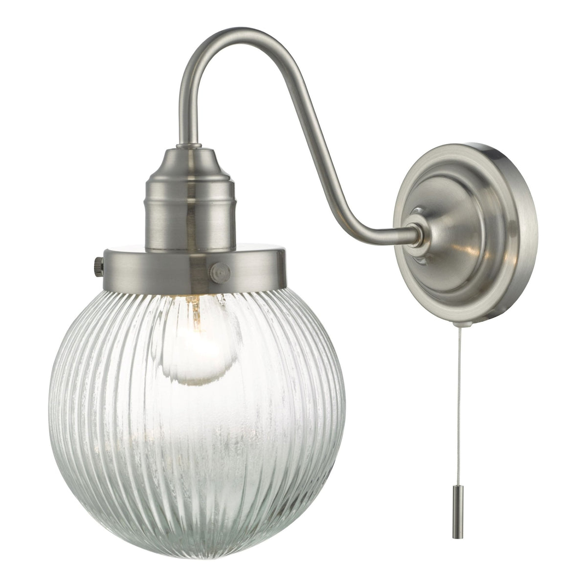 Brushed chrome wall light with a curved arm, a ribbed glass globe shade, and a pull cord switch.