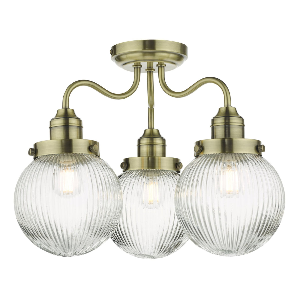 Antique brass semi-flush ceiling light with three ribbed glass globe shades.