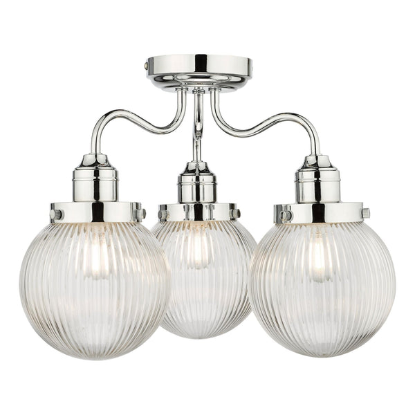 Tamara 3 Light IP44 Semi Flush Ceiling Light In Polished Chrome With Ribbed Glass Shades