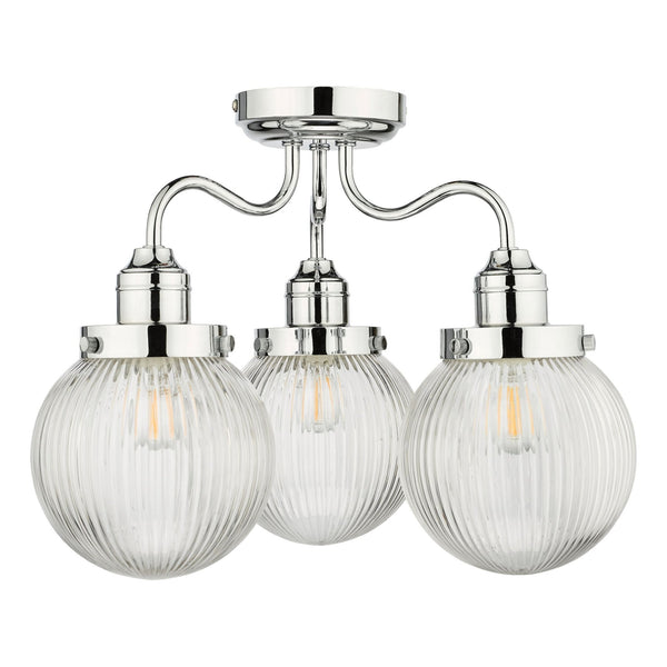 Tamara 3 Light IP44 Semi Flush Ceiling Light In Polished Chrome With Ribbed Glass Shades