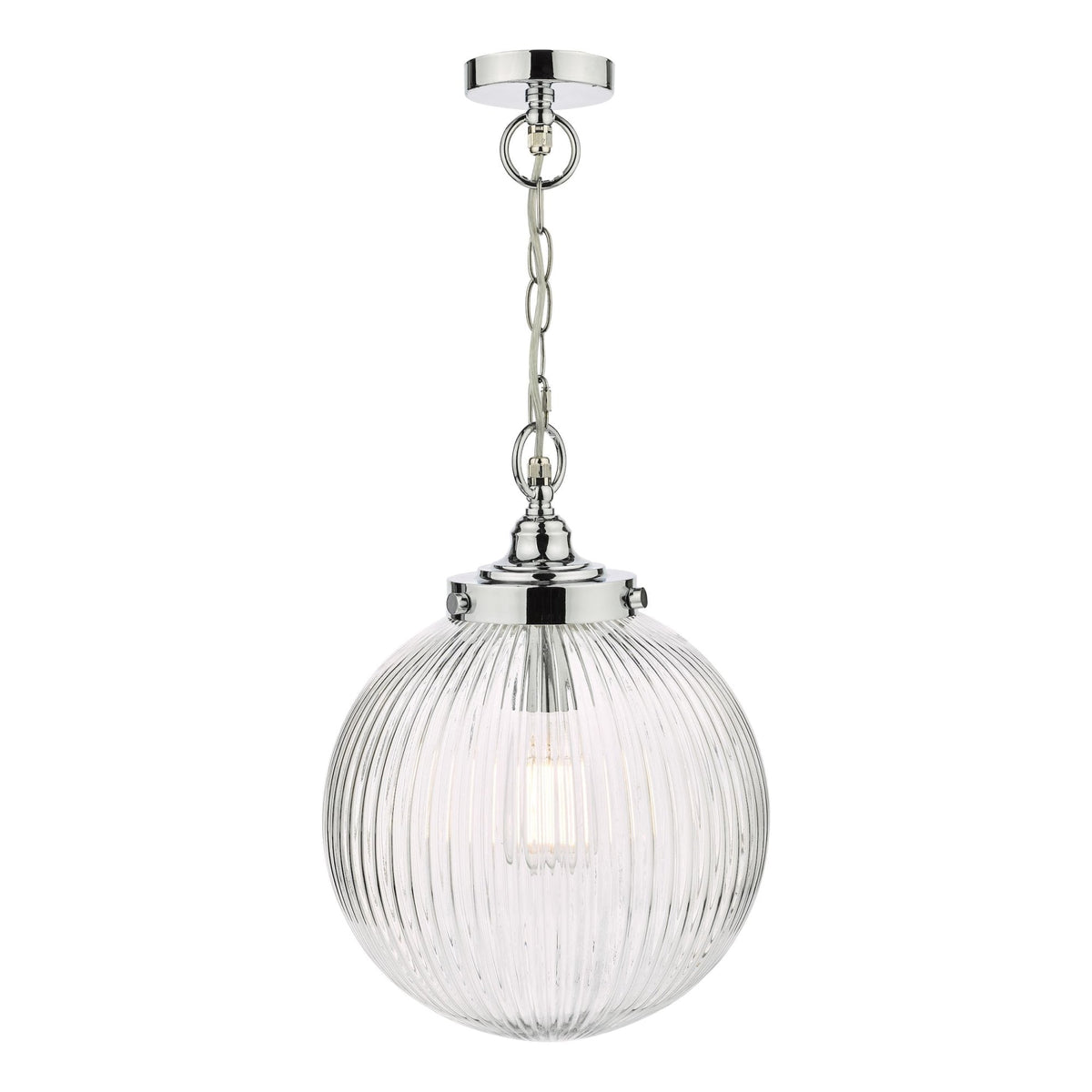 Ribbed glass globe pendant light with chrome accents and chain on a white background.