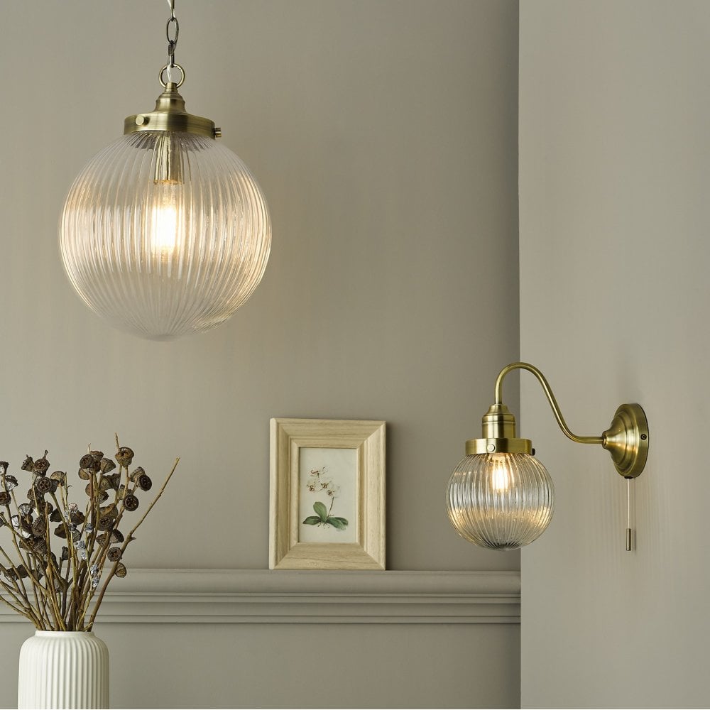 Tamara Single Pendant In Antique Brass With Ribbed Glass Shade