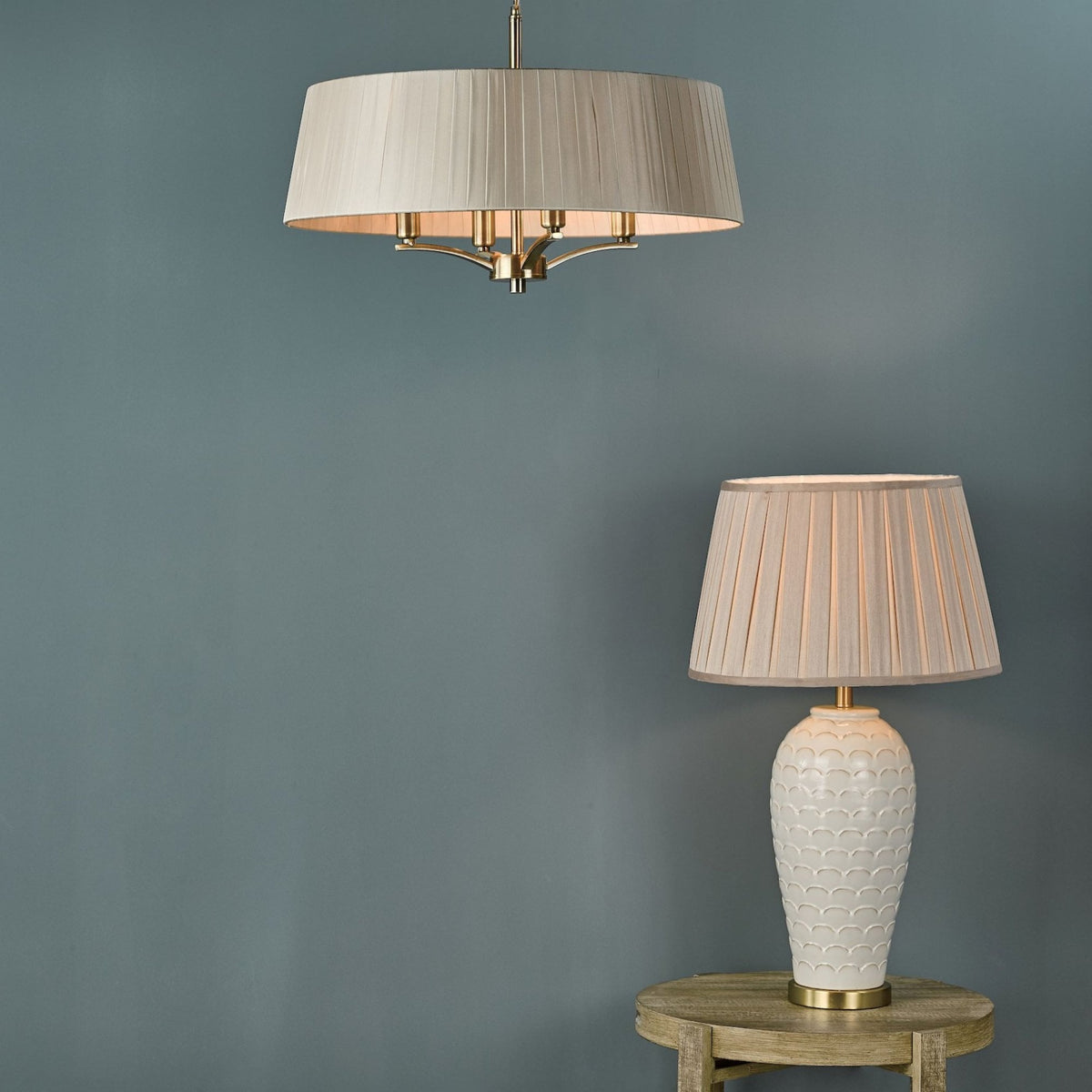 Cristin 4 Light Pendant In Antique Brass With Taupe Ribbon Shade